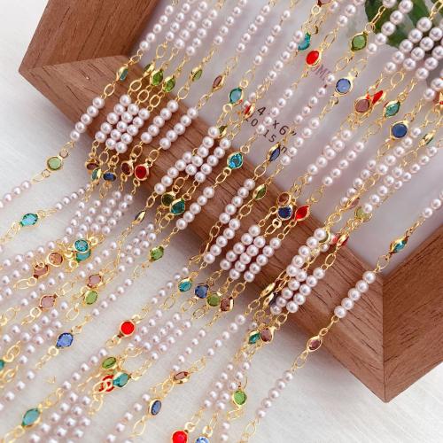 Decorative Beaded Chain, Brass, with Cubic Zirconia & Plastic Pearl, gold color plated, DIY, mixed colors, nickel, lead & cadmium free, 10m/Bag, Sold By Bag