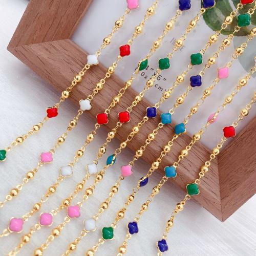 Decorative Beaded Chain, Brass, Four Leaf Clover, gold color plated, DIY & enamel, mixed colors, nickel, lead & cadmium free, 10m/Bag, Sold By Bag