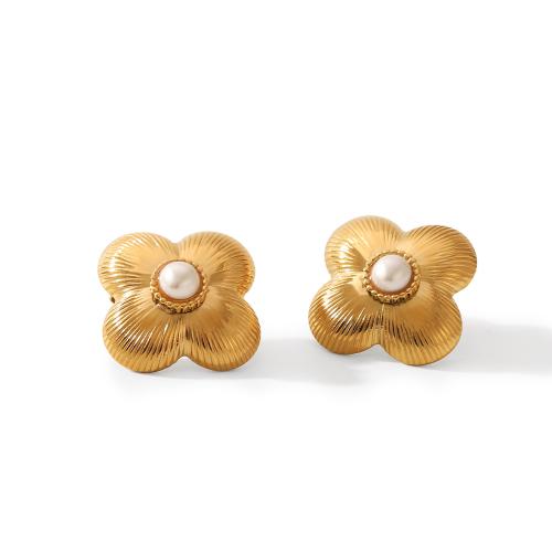 Stainless Steel Stud Earrings, 304 Stainless Steel, with Plastic Pearl, gold color plated, fashion jewelry, golden, Sold By Pair