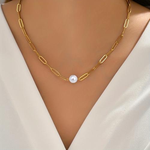 Stainless Steel Jewelry Necklace, 304 Stainless Steel, with Plastic Pearl, Vacuum Ion Plating, for woman, more colors for choice, Length:41-50 cm, Sold By PC