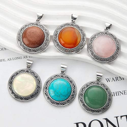 Tibetan Style Pendants, with Gemstone, Flat Round, antique silver color plated, different materials for choice, nickel, lead & cadmium free, 38x42x11mm, Hole:Approx 5x10mm, 10PCs/Bag, Sold By Bag