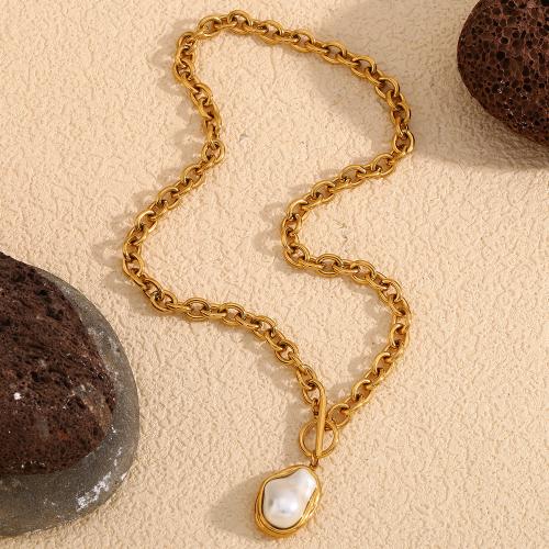 Stainless Steel Jewelry Necklace, 304 Stainless Steel, with Plastic Pearl, irregular, gold color plated, for woman, nickel, lead & cadmium free, Sold By PC