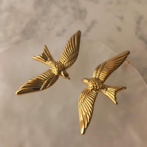 Stainless Steel Stud Earrings, 304 Stainless Steel, Bird, gold color plated, for woman, Sold By Pair