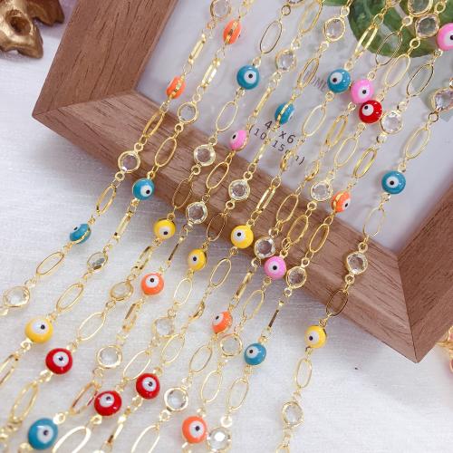 Decorative Beaded Chain, Brass, gold color plated, DIY & evil eye pattern & enamel, mixed colors, nickel, lead & cadmium free, 10m/Bag, Sold By Bag