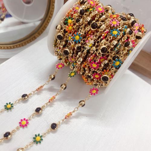 Decorative Beaded Chain, Brass, Flower, gold color plated, DIY & enamel, mixed colors, nickel, lead & cadmium free, 10m/Bag, Sold By Bag