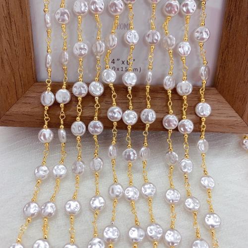 Decorative Beaded Chain, Brass, with Plastic Pearl, gold color plated, DIY, nickel, lead & cadmium free, 10m/Bag, Sold By Bag