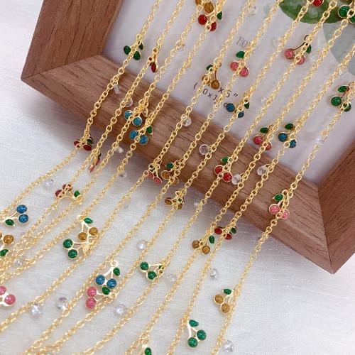 Decorative Beaded Chain, Brass, with Plastic, Cherry, gold color plated, DIY & enamel, mixed colors, nickel, lead & cadmium free, 10m/Bag, Sold By Bag