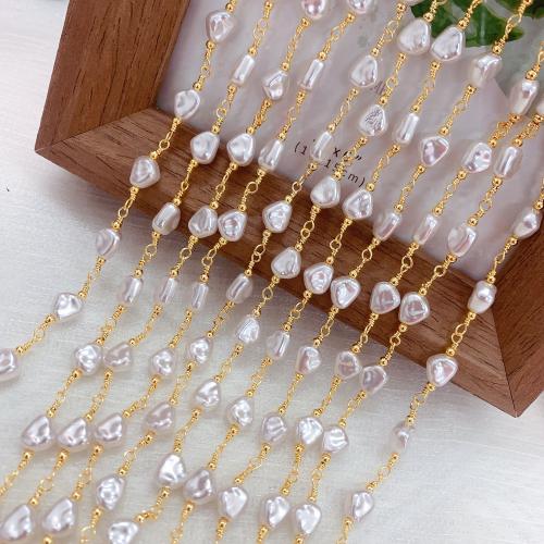 Decorative Beaded Chain, Brass, with Plastic Pearl, gold color plated, DIY, nickel, lead & cadmium free, 10m/Bag, Sold By Bag