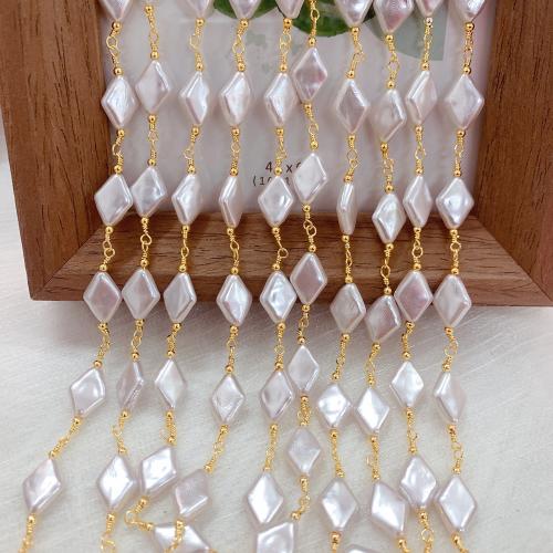 Decorative Beaded Chain, Brass, with Plastic Pearl, Rhombus, gold color plated, DIY, nickel, lead & cadmium free, 10m/Bag, Sold By Bag