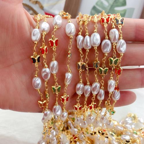 Decorative Beaded Chain, Brass, with Plastic Pearl, Butterfly, gold color plated, DIY & with rhinestone, mixed colors, nickel, lead & cadmium free, 10m/Bag, Sold By Bag