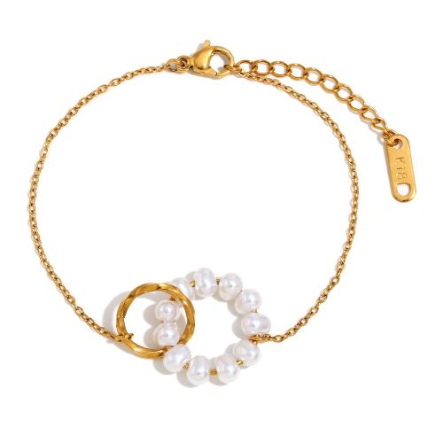 Stainless Steel Jewelry Bracelet, 304 Stainless Steel, with Plastic Pearl, with 3cm extender chain, 18K gold plated, fashion jewelry & for woman & hollow, Length:16 cm, Sold By PC