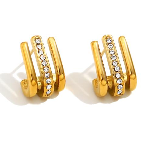 Pendientes de Acero Inoxidable, acero inoxidable 304, 18K chapado en oro, para mujer & con diamantes de imitación & hueco, Vendido por Par