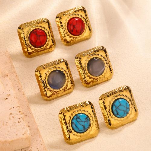 Stainless Steel Stud Earrings, 304 Stainless Steel, with Turquoise, Square, gold color plated, fashion jewelry & for woman, more colors for choice, Sold By Pair