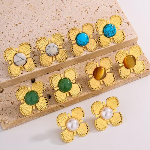 Stainless Steel Stud Earrings, 304 Stainless Steel, with Glass Beads, Flower, gold color plated, fashion jewelry & different materials for choice & for woman, more colors for choice, Sold By Pair