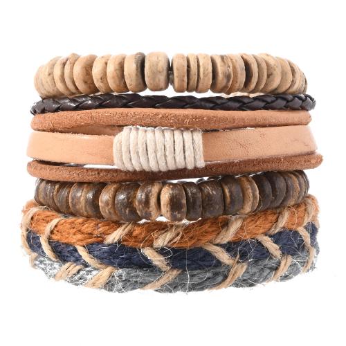 Bracelet châle , cuir de peau de vache, avec Chanvre & noix de coco & corde de cire, fait à la main, 4 pièces & bijoux de mode & pour homme, couleurs mélangées, Vendu par fixé