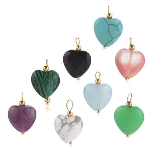 Gemstone Pendants Jewelry, with 304 Stainless Steel, Heart, Vacuum Ion Plating, DIY, more colors for choice, 13x13mm, 5PCs/Bag, Sold By Bag