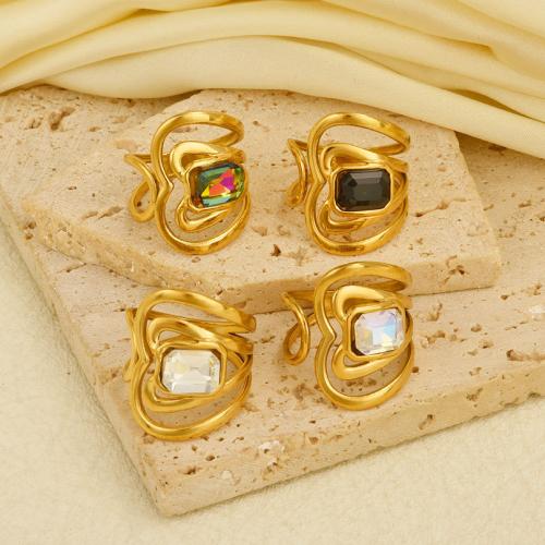 Rhinestone Stainless Steel Finger Ring, 304 Stainless Steel, gold color plated, for woman & with rhinestone, more colors for choice, Sold By PC