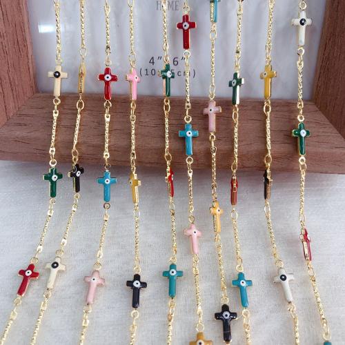 Decorative Beaded Chain, Brass, Cross, gold color plated, DIY & evil eye pattern & enamel, mixed colors, nickel, lead & cadmium free, 10m/Bag, Sold By Bag