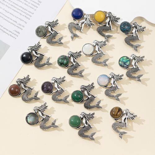 Fashion Brooch Jewelry, Tibetan Style, with Natural Stone, Mermaid, silver color plated, fashion jewelry & different materials for choice, more colors for choice, nickel, lead & cadmium free, 38x42mm, Sold By PC