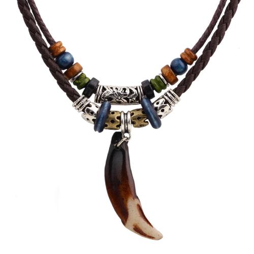 PU Leather Necklace, with natural dog teeth & Cotton Fabric & Wood & Tibetan Style, folk style & for man, Length:Approx 17.7 Inch, Sold By PC