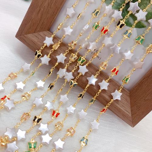 Decorative Beaded Chain, Brass, with Plastic Pearl, Star, gold color plated, DIY & with rhinestone, mixed colors, nickel, lead & cadmium free, 10m/Bag, Sold By Bag