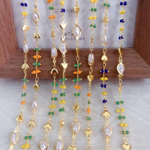 Decorative Beaded Chain, Brass, with Plastic Pearl, gold color plated, DIY & enamel, mixed colors, nickel, lead & cadmium free, 10m/Bag, Sold By Bag