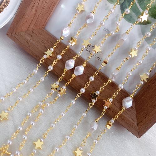 Decorative Beaded Chain, Brass, with Plastic Pearl, Star, gold color plated, DIY, nickel, lead & cadmium free, 10m/Bag, Sold By Bag