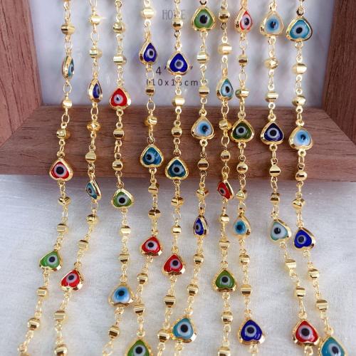 Cadena de cuentas de piedras preciosas, metal, Corazón, chapado en color dorado, Bricolaje & patrón de malvado de ojo & esmalte, color mixto, libre de níquel, plomo & cadmio, 10m/Bolsa, Vendido por Bolsa