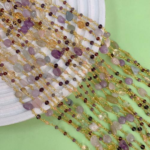 Decorative Beaded Chain, Brass, with Amethyst, gold color plated, DIY, nickel, lead & cadmium free, 10m/Bag, Sold By Bag