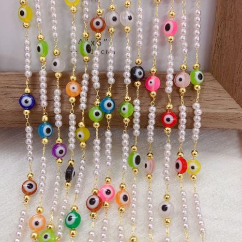 Chaîne de perles de pierre gemme, laiton, avec résine & perle de plastique, Placage de couleur d'or, DIY & motif de mauvais œil, couleurs mélangées, protéger l'environnement, sans nickel, plomb et cadmium, 10m/sac, Vendu par sac