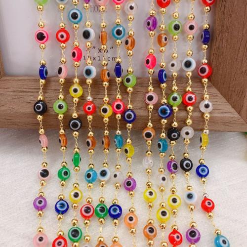 Decorative Beaded Chain, Brass, with Resin, gold color plated, DIY & evil eye pattern, mixed colors, nickel, lead & cadmium free, 10m/Bag, Sold By Bag