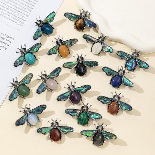 Fashion Brooch Jewelry, Tibetan Style, with Natural Stone & Shell, Bee, silver color plated, fashion jewelry & different materials for choice, more colors for choice, nickel, lead & cadmium free, 57x36mm, Sold By PC