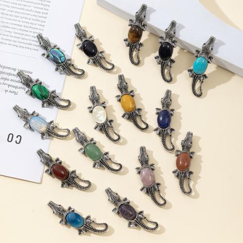 Fashion Brooch Jewelry, Tibetan Style, with Natural Stone, Crocodile, silver color plated, fashion jewelry & different materials for choice, more colors for choice, nickel, lead & cadmium free, 22x68mm, Sold By PC