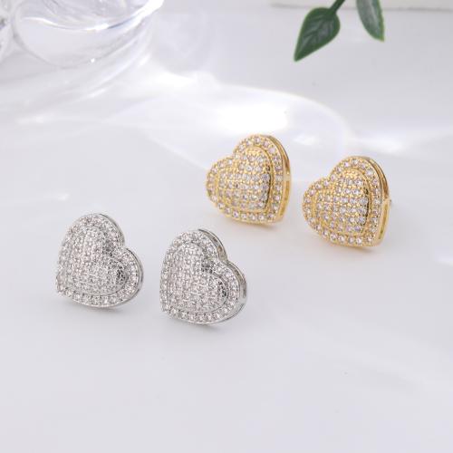 Cubic Zirconia Micro Pave Brass Earring, Heart, plated, fashion jewelry & micro pave cubic zirconia, more colors for choice, nickel, lead & cadmium free, 15x13mm, Sold By Pair