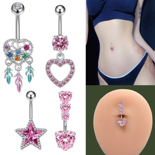 Brass Belly Ring, with 304 Stainless Steel, plated, Unisex & different styles for choice & micro pave cubic zirconia, belly ring length 20-30mm, Sold By PC