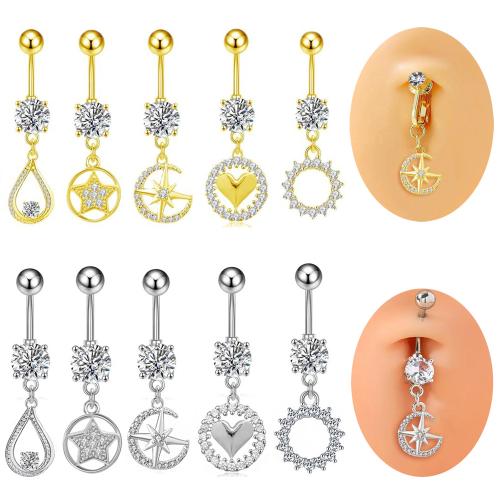 304 Stainless Steel Belly Ring, plated, Unisex & different styles for choice & micro pave cubic zirconia, belly ring length 20-30mm, Sold By PC