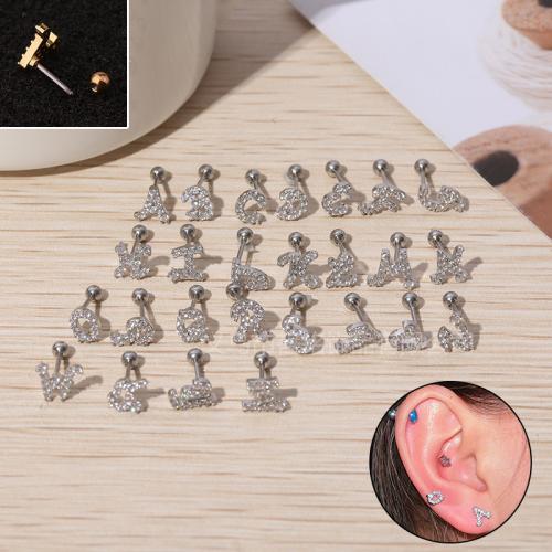 304 Stainless Steel Piercing Earring, Alphabet Letter, Unisex & different styles for choice & micro pave cubic zirconia, original color, 7mm, Sold By PC