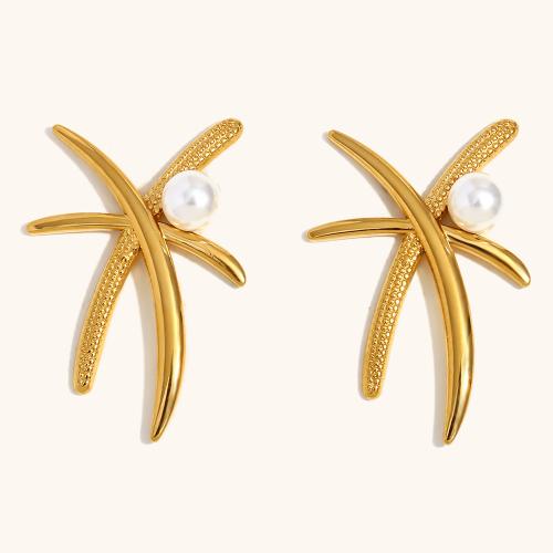 Stainless Steel Stud Earrings, 304 Stainless Steel, with Plastic Pearl, Palm Tree, gold color plated, for woman, Sold By Pair