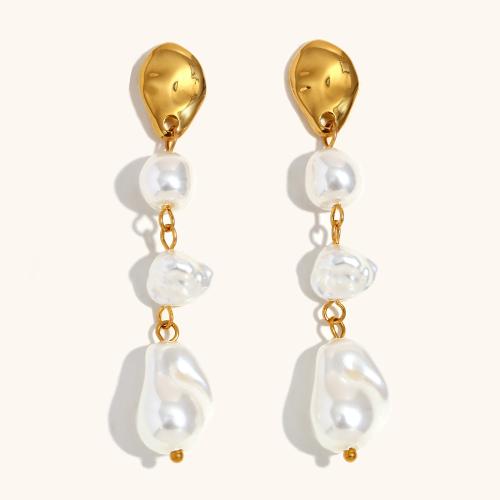 Stainless Steel Drop Earring, 304 Stainless Steel, with Plastic Pearl, gold color plated, for woman, Sold By Pair