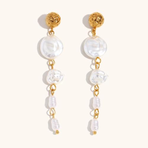 Boucle d'oreille goutte inox, Acier inoxydable 304, avec perle de plastique, Placage de couleur d'or, pour femme, Vendu par paire