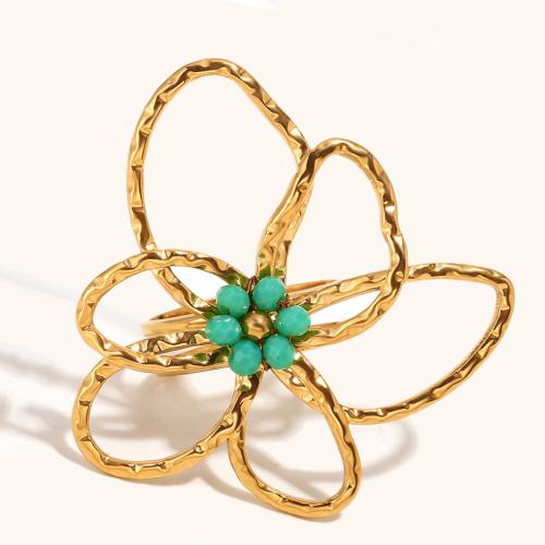 Stainless Steel Finger Ring, 304 Stainless Steel, with Plastic, Flower, gold color plated, for woman, green, Sold By PC