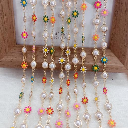 Decorative Beaded Chain, Brass, with Plastic Pearl, Flower, gold color plated, DIY & enamel, mixed colors, nickel, lead & cadmium free, 10m/Bag, Sold By Bag