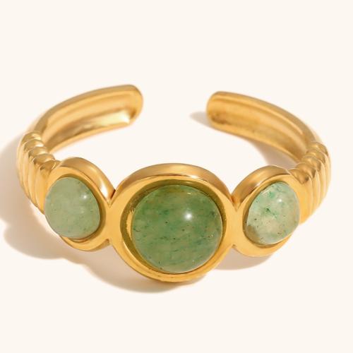 Bague en acier inoxydable, Acier inoxydable 304, avec aventurine vert, Placage de couleur d'or, pour femme, vert, Vendu par PC