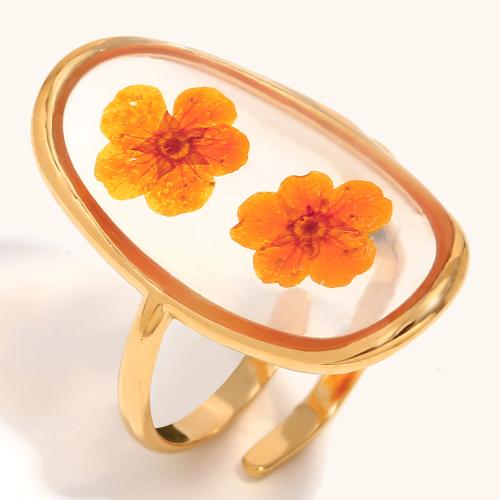 Stainless Steel Finger Ring, 304 Stainless Steel, with Dried Flower & Acrylic, gold color plated, for woman, Sold By PC