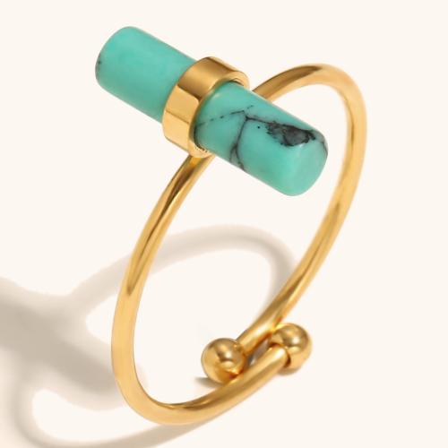 Bague pierre précieuse, Acier inoxydable 304, avec turquoise, Placage de couleur d'or, pour femme, Vendu par PC