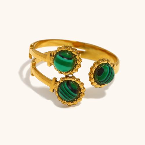 Bague pierre précieuse, Acier inoxydable 304, avec Malachite, Placage de couleur d'or, pour femme, Vendu par PC