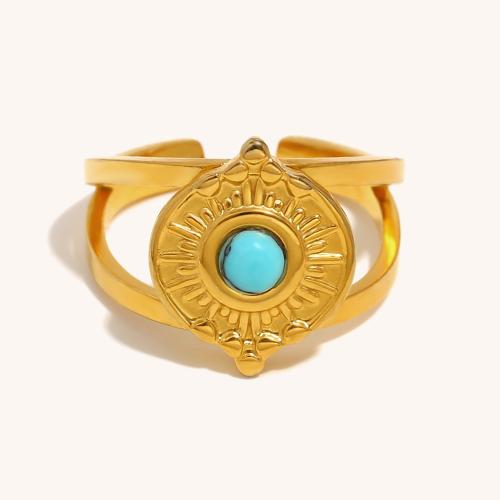 Natural Gemstone Finger Ring, 304 Stainless Steel, with turquoise, gold color plated, for woman, Sold By PC