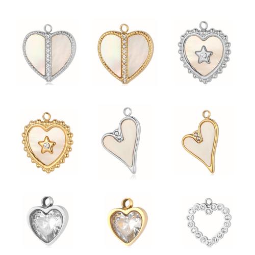 Stainless Steel Heart Pendants, 304 Stainless Steel, with Shell & Crystal, Vacuum Ion Plating, DIY & with rhinestone, more colors for choice, Sold By PC