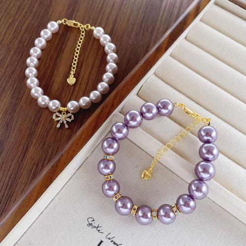 Glass Beads Bracelet, Brass, with Cubic Zirconia & Glass Pearl, Vacuum Ion Plating, for woman, more colors for choice, Sold By PC