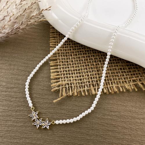 Cubic Zircon Micro Pave Brass Necklace, with Cubic Zirconia & Plastic Pearl, Vacuum Ion Plating, for woman, Length:42.5 cm, Sold By PC